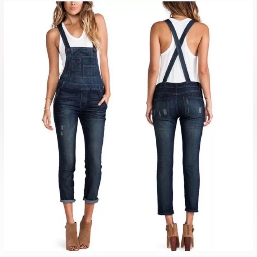 Free People - Backless Denim Dungaree Overalls | Size 27 | Dark Brady Wash Blue